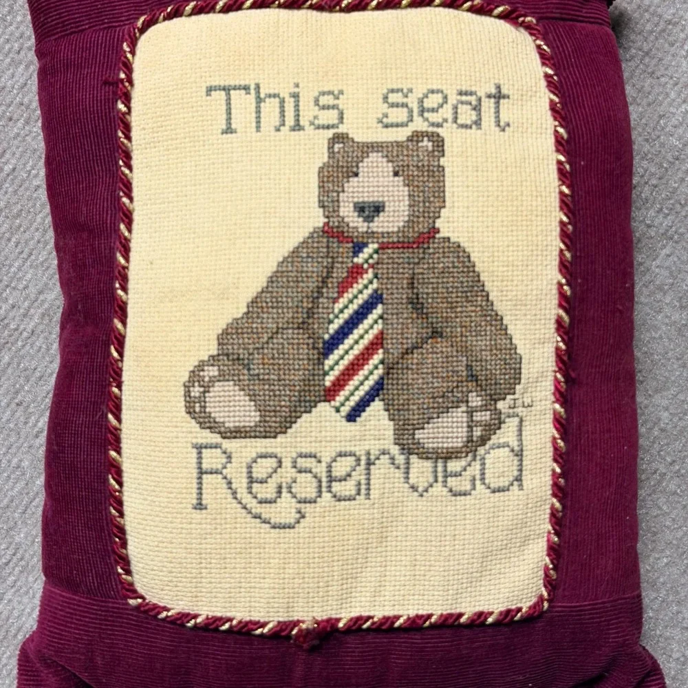 Vtg Needlepoint Teddy Bear This Seat Reserved Accent Pillow Burgundy Corduroy